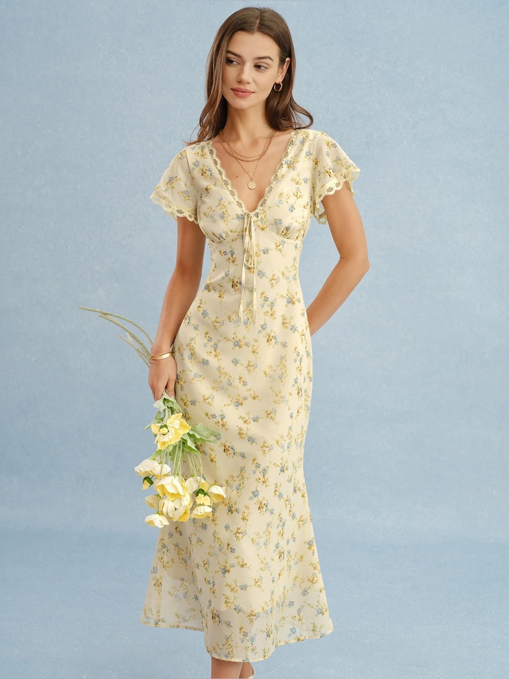 Floral Tie-Front Yellow Maxi Dress